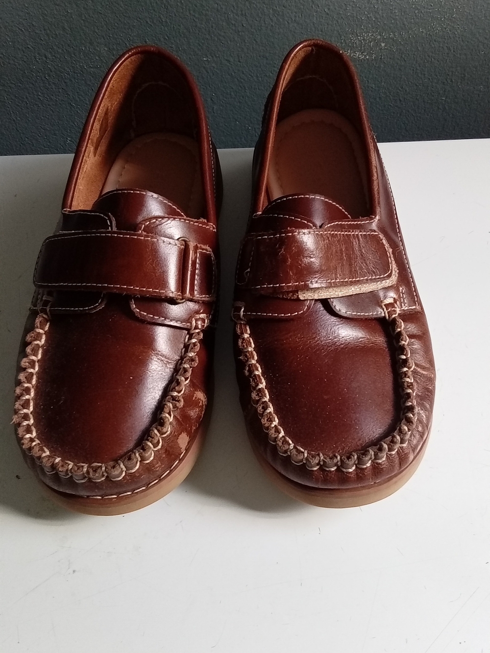 Elephantito Boys Leather Moc Toe Loafers Brown Hook Loop Strap Size 1 EU 31